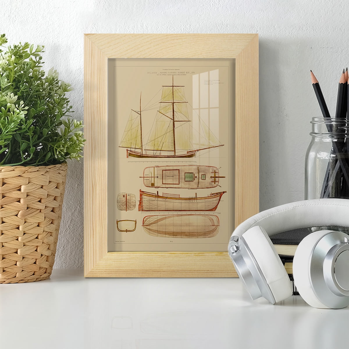 Antique Ship Plan IV -Framed Print w/glass-Natural Wood