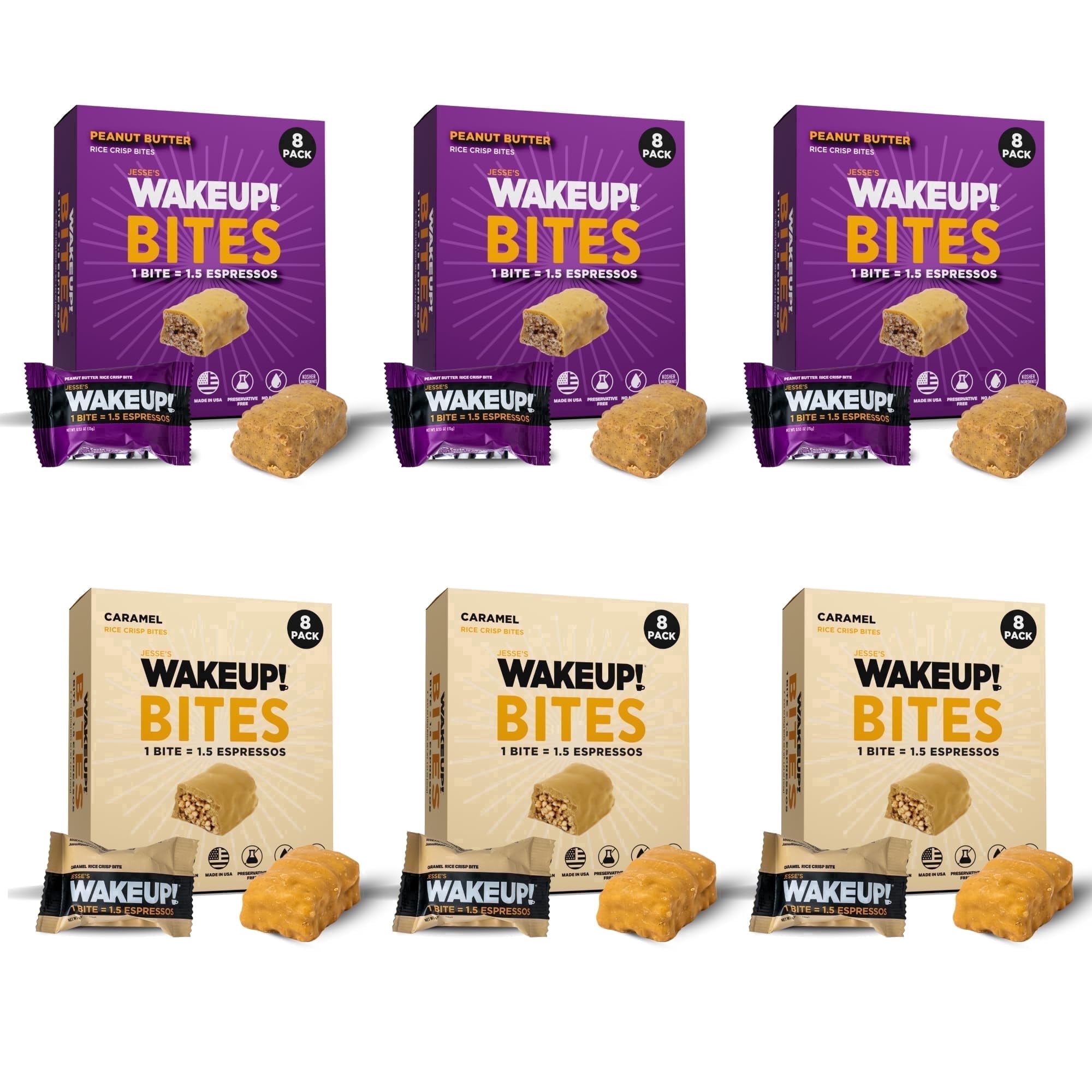 Jesse's Wakeup Caffeinated Breakfast Bites, Caramel & Peanut Butter, 175mg Caffeine, 6 Boxes (48 pack bites)