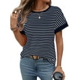 thumbnail image 2 of Women'S Short Sleeve Knit Tops Trendy Crewneck Striped T Shirts Casual Summer Blouses Outfits Navy Blue XXL, 2 of 10