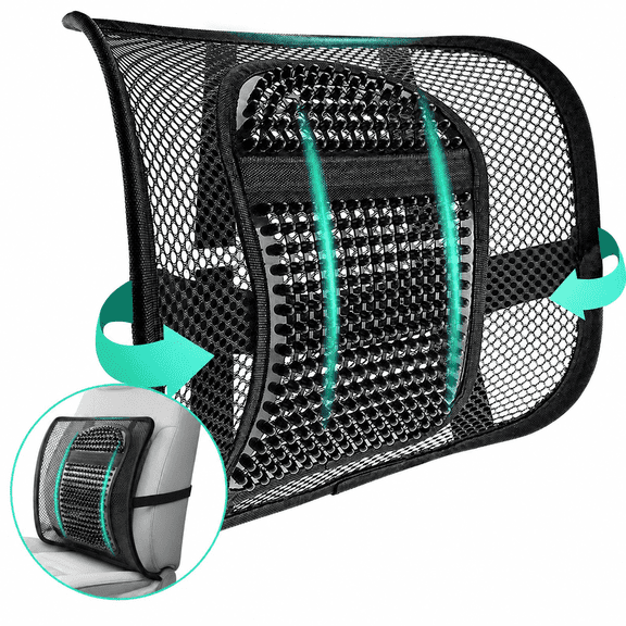 Mesh Back Lumbar Support Cushion, Breathable Mesh Waist Pad with Massage Beads Adjustable Strap, Portable Foldable Back Support Seat Pillow for Office Chair Car Seat