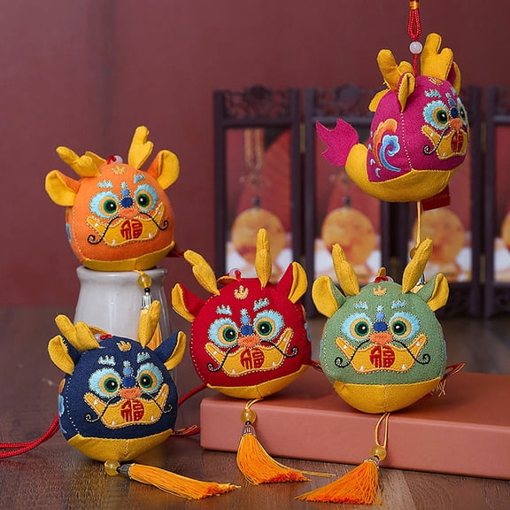 Riguas Cute Zodiac Dragon Plush Pendant with Tassel Folk Art Embroidery Pattern Stuffed Animal Mascot Doll Plushies Hanging Ornament 2024 Chinese New Year Decoration Holiday Gift for Kids Girls
