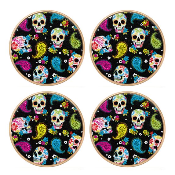 WIRESTER Heavy Duty 4pcs Set Round Cabinet Drawer Knobs Decorative Wall Hanging Hooks for Home Bathroom Bedroom Kitchen, 1.26 inch Diameter Round Cabinet Knob - Colorful Sugar Skulls