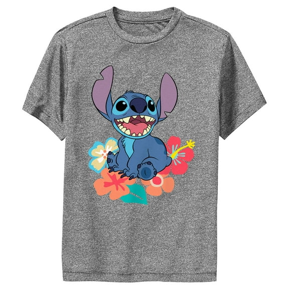Boy's Lilo & Stitch Tropical Happy Stitch  Performance Graphic Tee Charcoal Heather Large