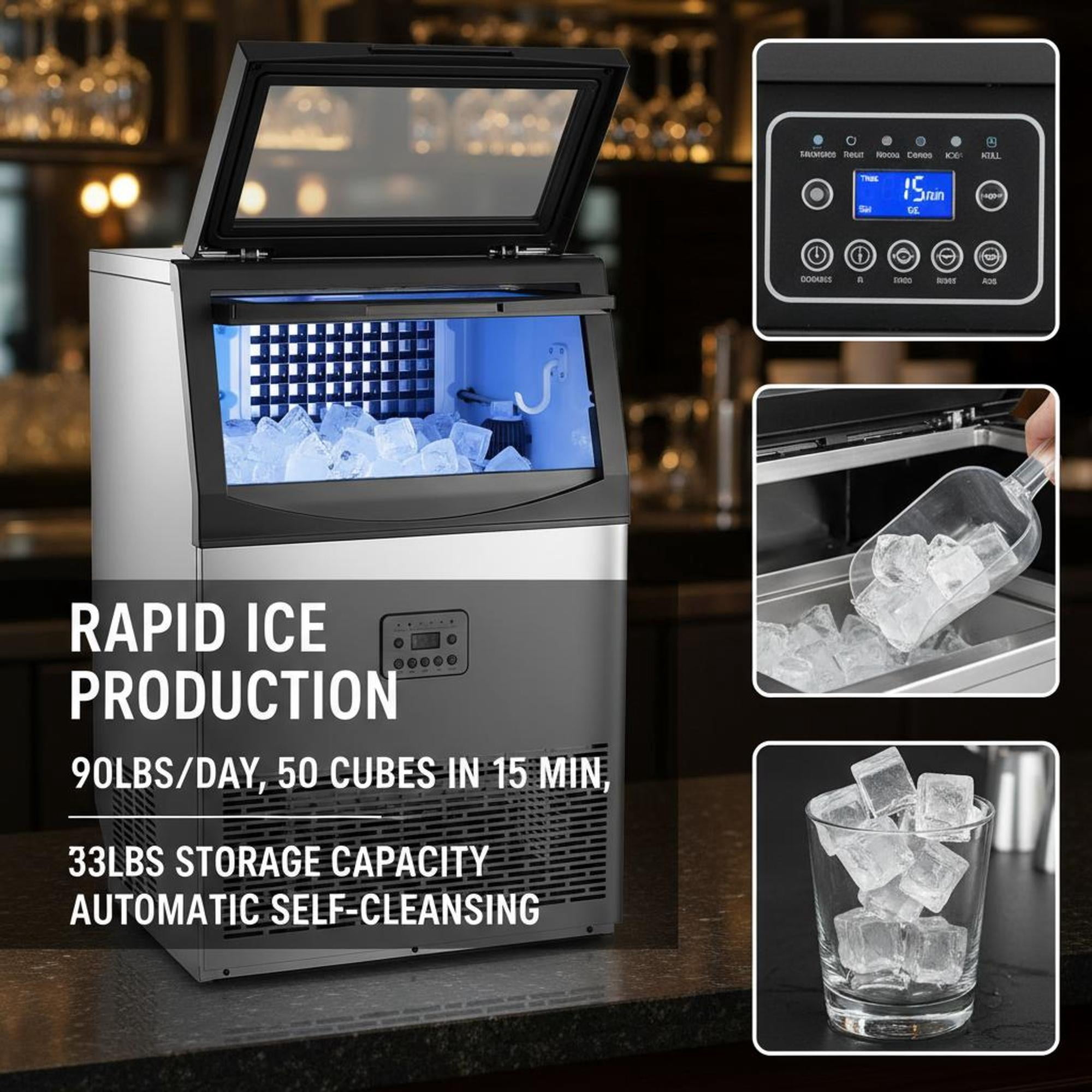 Commercial Ice Maker, 90lbs/24H, 33lbs Storage, Self-Cleaning Freestanding Ice Machine with LED Display for Restaurant Bar Office