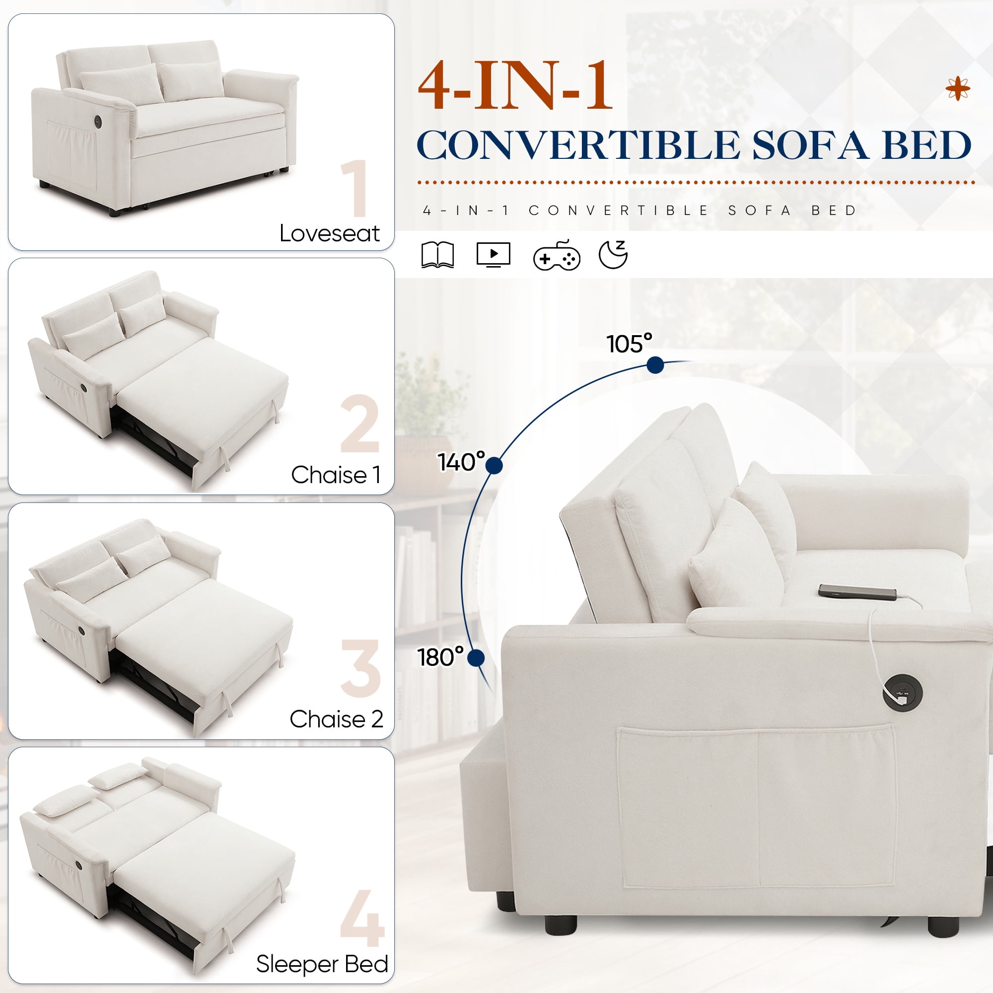 Lunale Convertible Sofa Bed with USB, 55" Loveseat Sleeper for Living Room, Apt, Beige Velvet