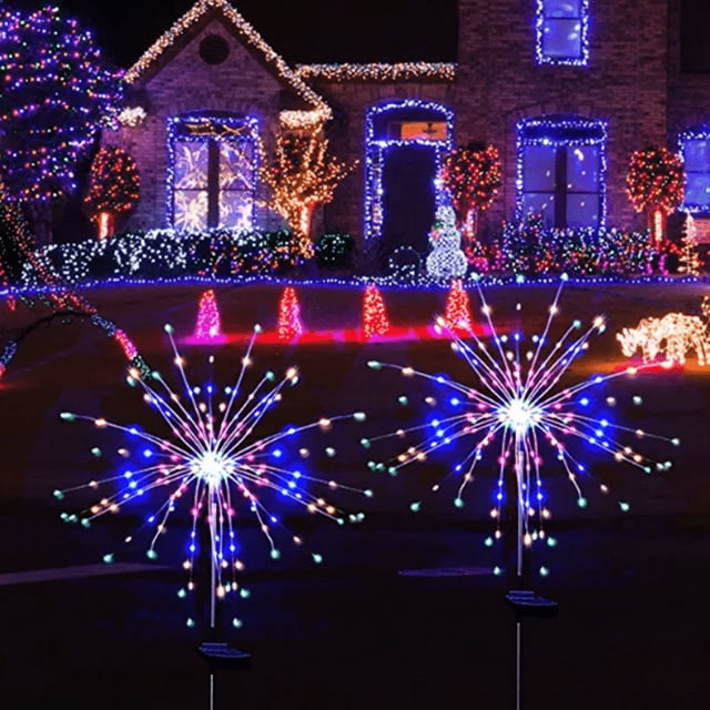 2pcs Solar Garden 8 Lighting Mode Starburst Lights Outdoor Waterproof Solar Powered Firework Stake Lights For Outdoor Decor,120 LED Sparklers String Lights For Yard Pathway Party Decorations Valentin