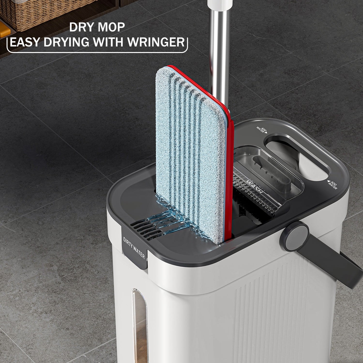 HoMettler Dual-Mop and Bucket Set, 3-Tank Flat Mop and Bucket System with Separate Dirty and Clean Water, Wall Cleaner Mop, Flat Mops for Floor Cleaning with 6 Microfiber Pads
