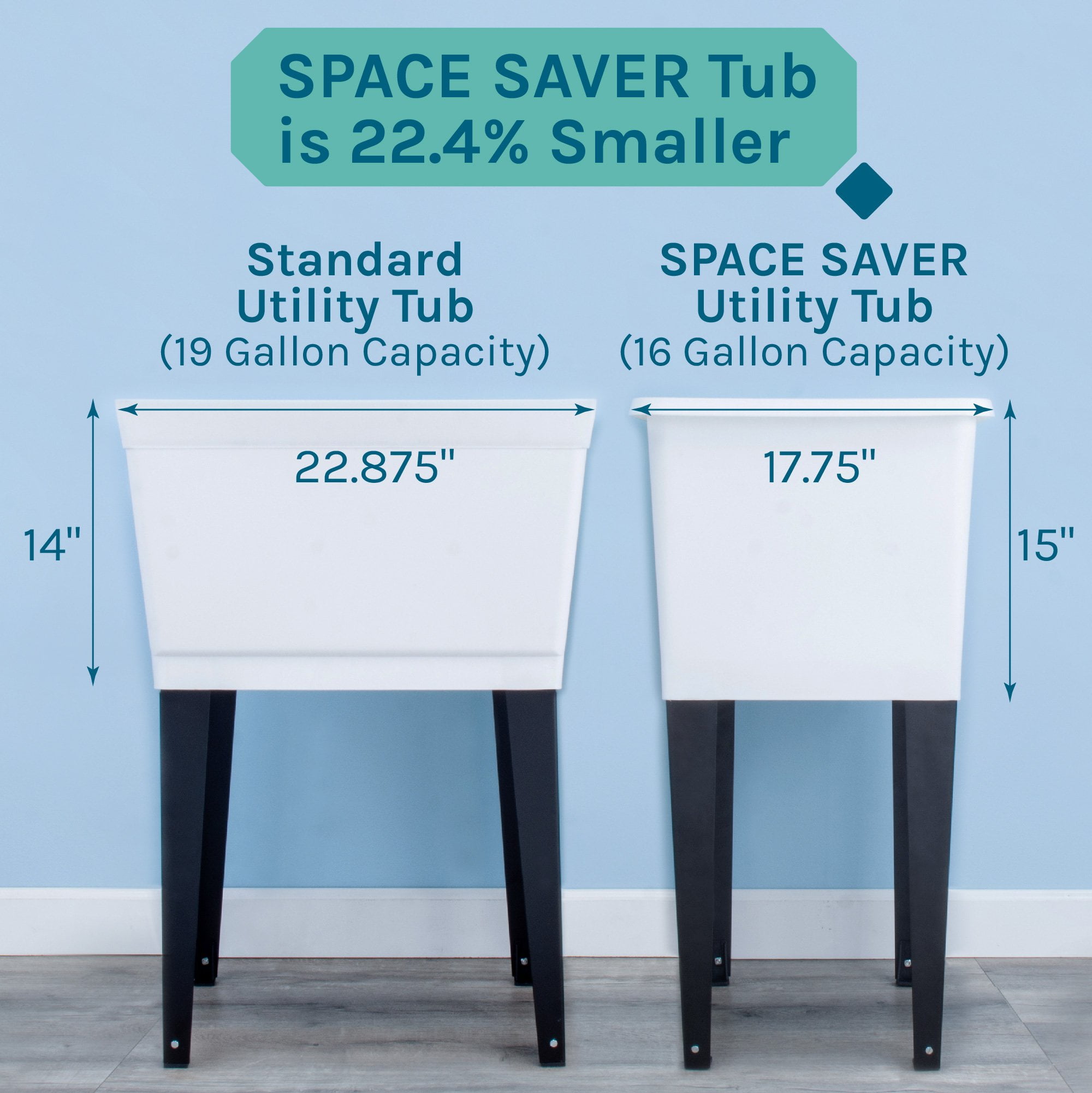 TEHILA Space Saver 16 Gallon White Utility Sink with Black Steel Legs