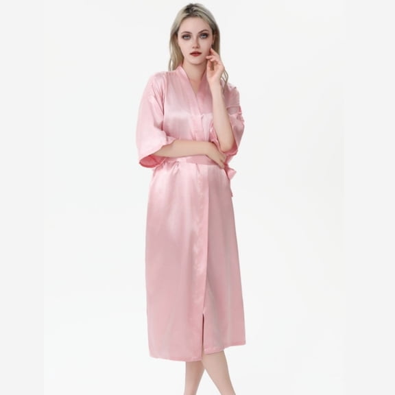 LYMAYTER Women Kimono Robe Summer Lightweight Solid Color Soft Satin Long for Sleepwear Bathrobe M-2XL
