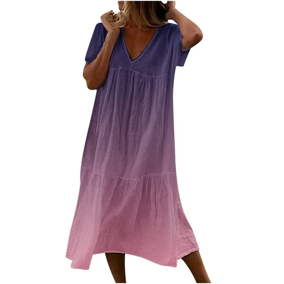 Edvintorg Casual Summer Dresses For Women Printed Pleated V-Neck Short Sleeve Looes Long Maxi Dress Vacation Dress For Women On Clearance