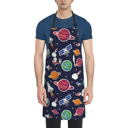 

Xecao Rocket Satellite Print Kitchen Cooking Aprons Waterproof Adjustable Bib Aprons with 2 Pockets for Women Men Chef
