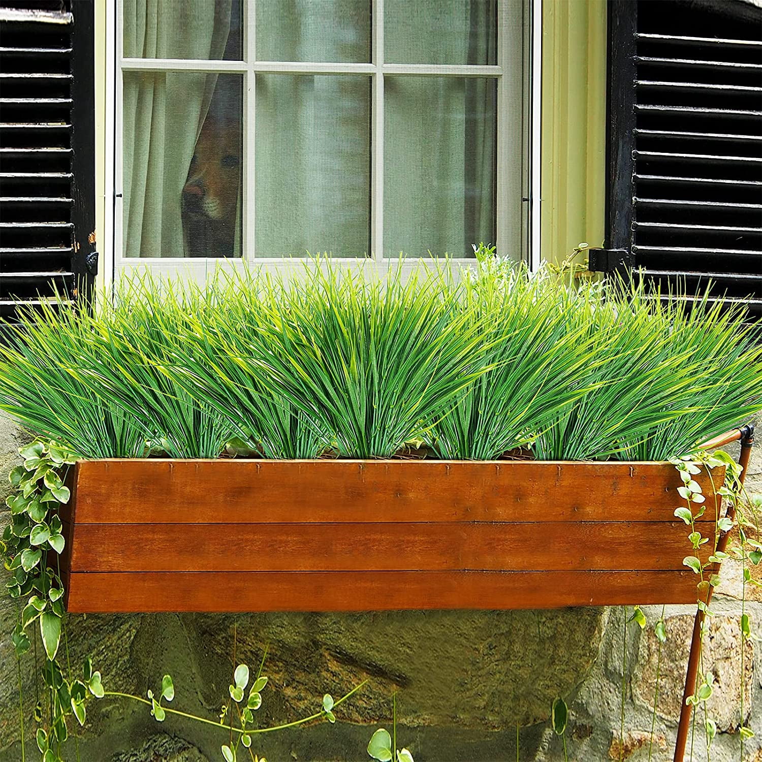 10 Bundles Artificial Grass Plants Outdoor UV Resistant Fake Grass Plants No Fade Faux Plastic Plants for Outside Garden Window Box Planter Decor (Green)