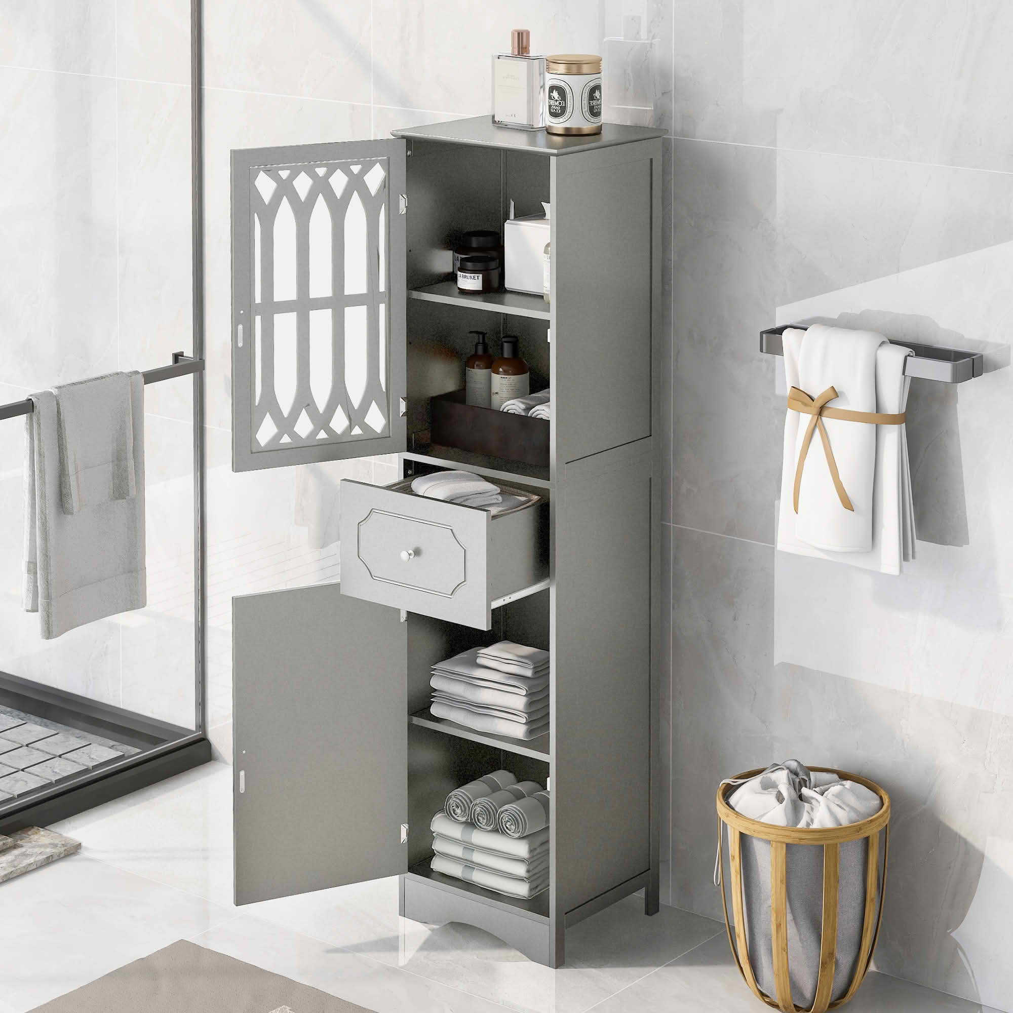 MAYEERTY Tall Bathroom Cabinet Freestanding Storage Drawer Doors MDF Acrylic Door Adjustable Shelf Gray