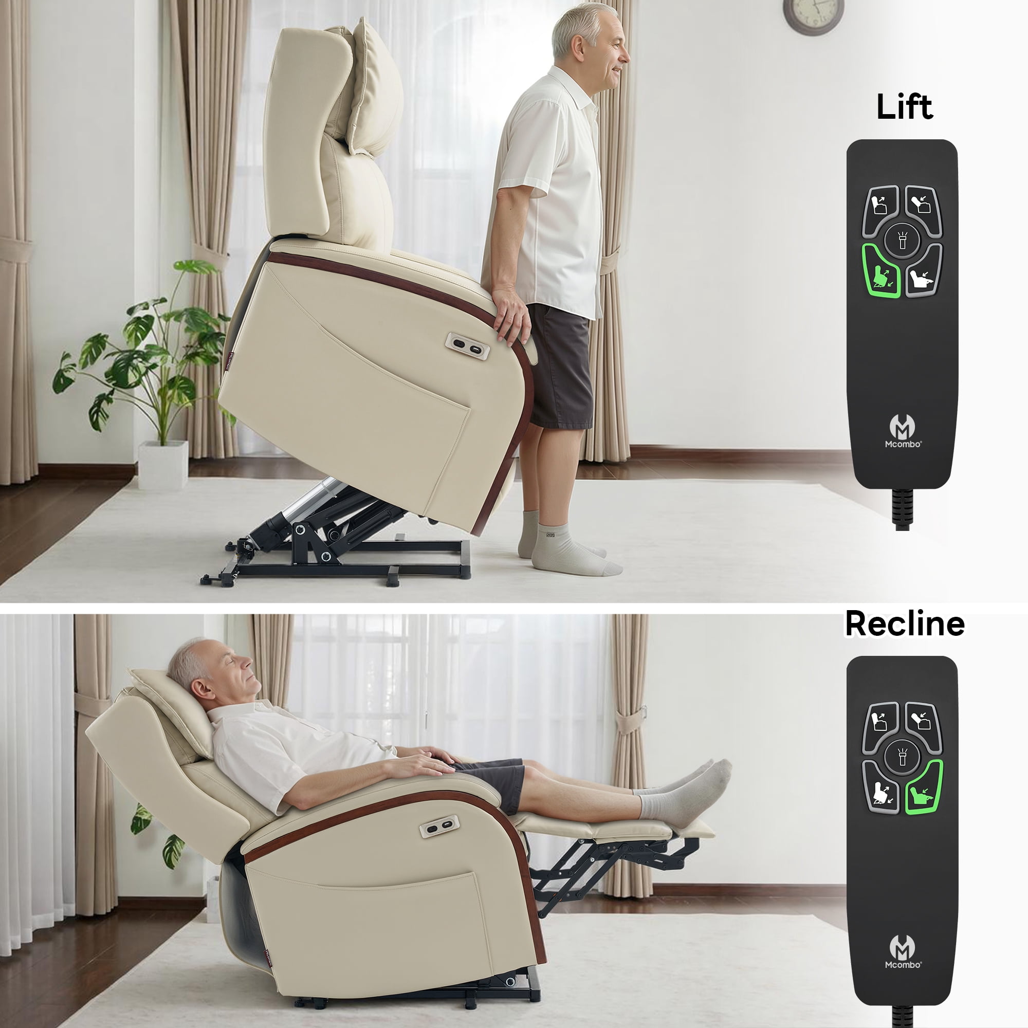 MCombo Power Lift Recliner Chair with Massage and Heat, Adjustable Headrest for Elderly, Solid Wood Armrest, Faux Leather, Cream White