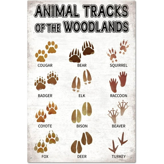 Animal Tracks Metal Tin Sign "Animal Tracks of the Woodlands" Vintage Painting Tin Signs 12x8inch Retro Wall Art Plaque Poster for Home Office Farm Bar Club Wildlife Lover Gifts