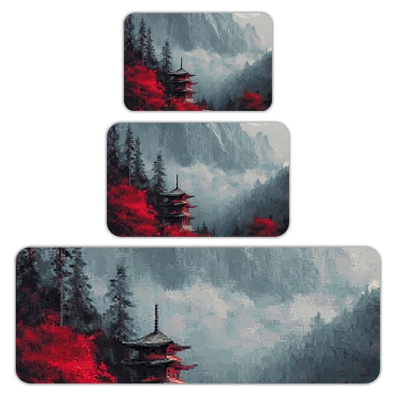 RKSupls Kitchen Rug Set 3 Piece Anti-Slip Flannel Floor Mats, Pagoda Red Autumn Washable Absorbent Runner Mats for Kitchen Bathroom Home Decor