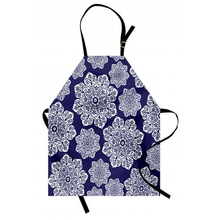 Floral Print Apron Navy Blue Apron Floral Lace Graphic Print Snowflake Themed Pattern Ornate Circle Batik Texture, Unisex Kitchen Bib Apron with Adjustable Neck for Cooking Baking Gardening, Blue White, by Ambesonne ()