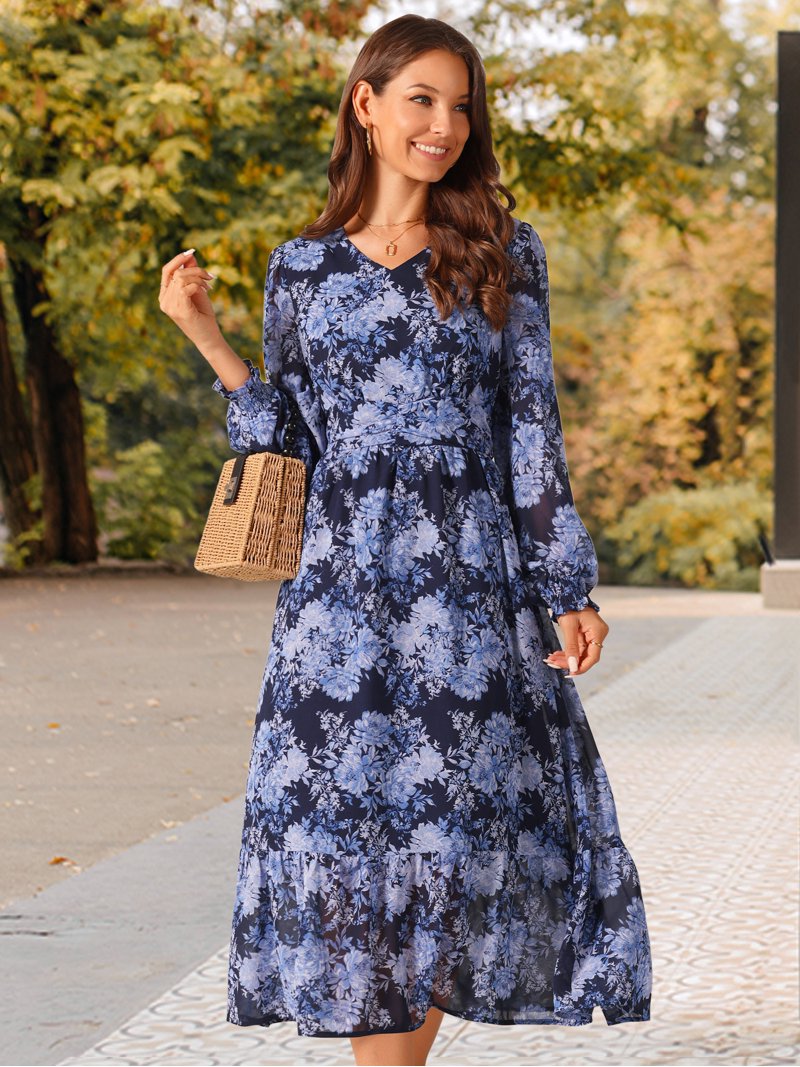 white christmas dresses Beige Floral Pleated Chiffon Midi Dress from Pinkblush main image 1