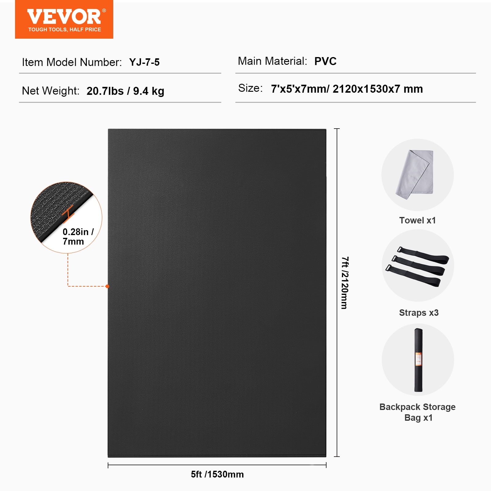VEVOR Exercise Mat, Non Slip High Density Premium Yoga Mat, Exercise Yoga Mat for Men & Women, Fitness & Exercise Mat with Bag & Carry Strap, for All Types of Home Yoga, Floor Workout (7x5ft)
