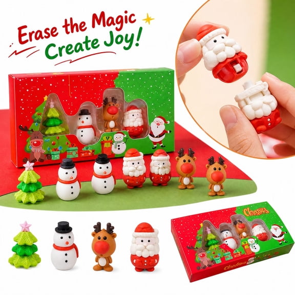Christmas 3D Take Apart Eraser Set of 4 with Snowman and Christmas Tree, Boxed Puzzle Erasers for Holiday Party Favors and Stocking Stuffers As Shown