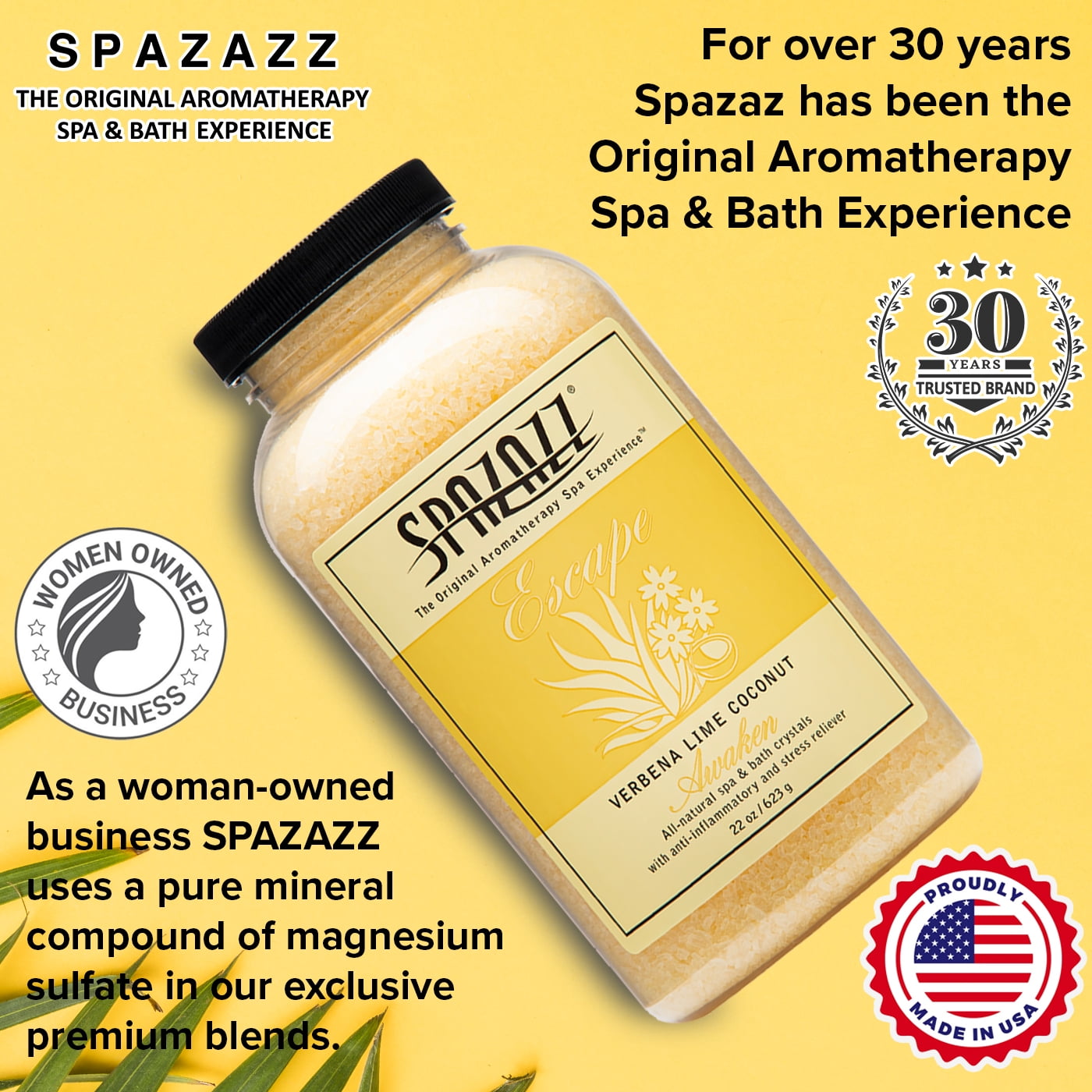 Spazazz Aromatherapy Escape Verbena Lime Coconut Awaken Spa and Bath Crystals 22 oz - Relaxing Soak for Hot Tubs & Bathtubs