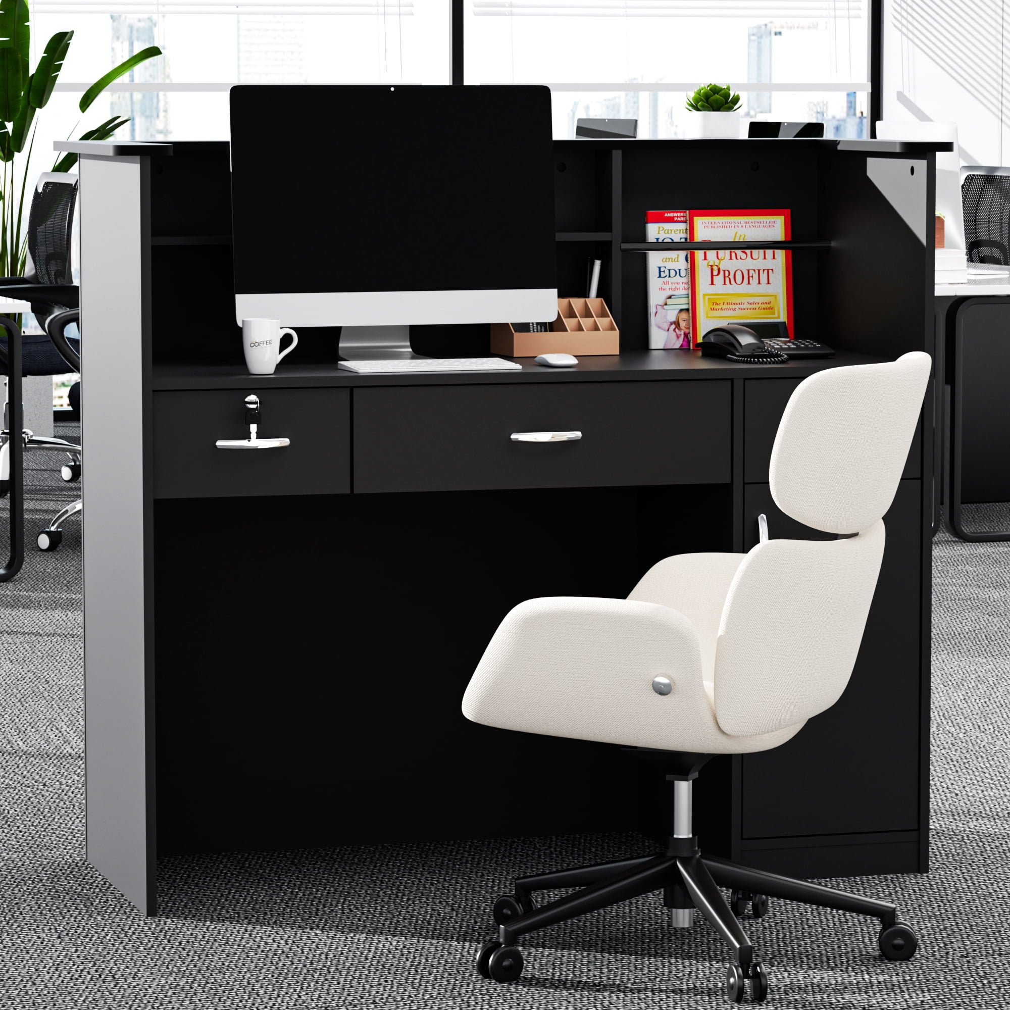 AHB 50-inch Reception Desk with Counter, Front Desk Office Desk with Storage Shelves & LED Lights, Black