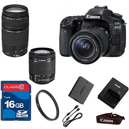 Canon 80D DSLR + 18-55mm IS STM Lens + 75-300 III Zoom Lens + 16GB Memory + UV Filter + Deluxe Value - International