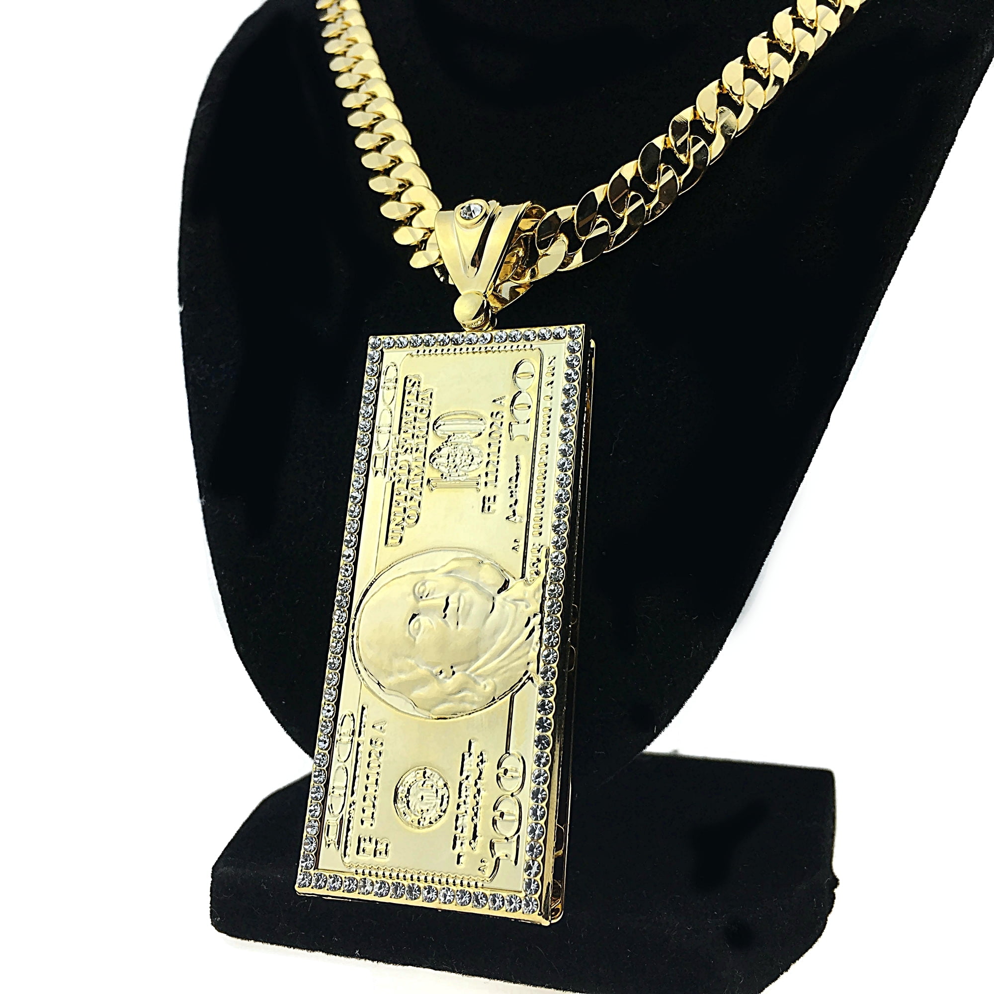 One Hundred Dollar Bill Pendant 14k Gold Tone IcedOut $100 Cash Money Free Chain 