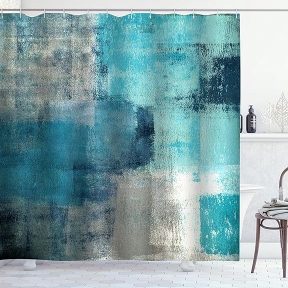 Teal Blue Shower Curtain Turquoise And Grey Modern Abstract Art Painting Bathroom Curtains Waterproof Polyester Fabric Bathroom Curtain 54"W x 72"L
