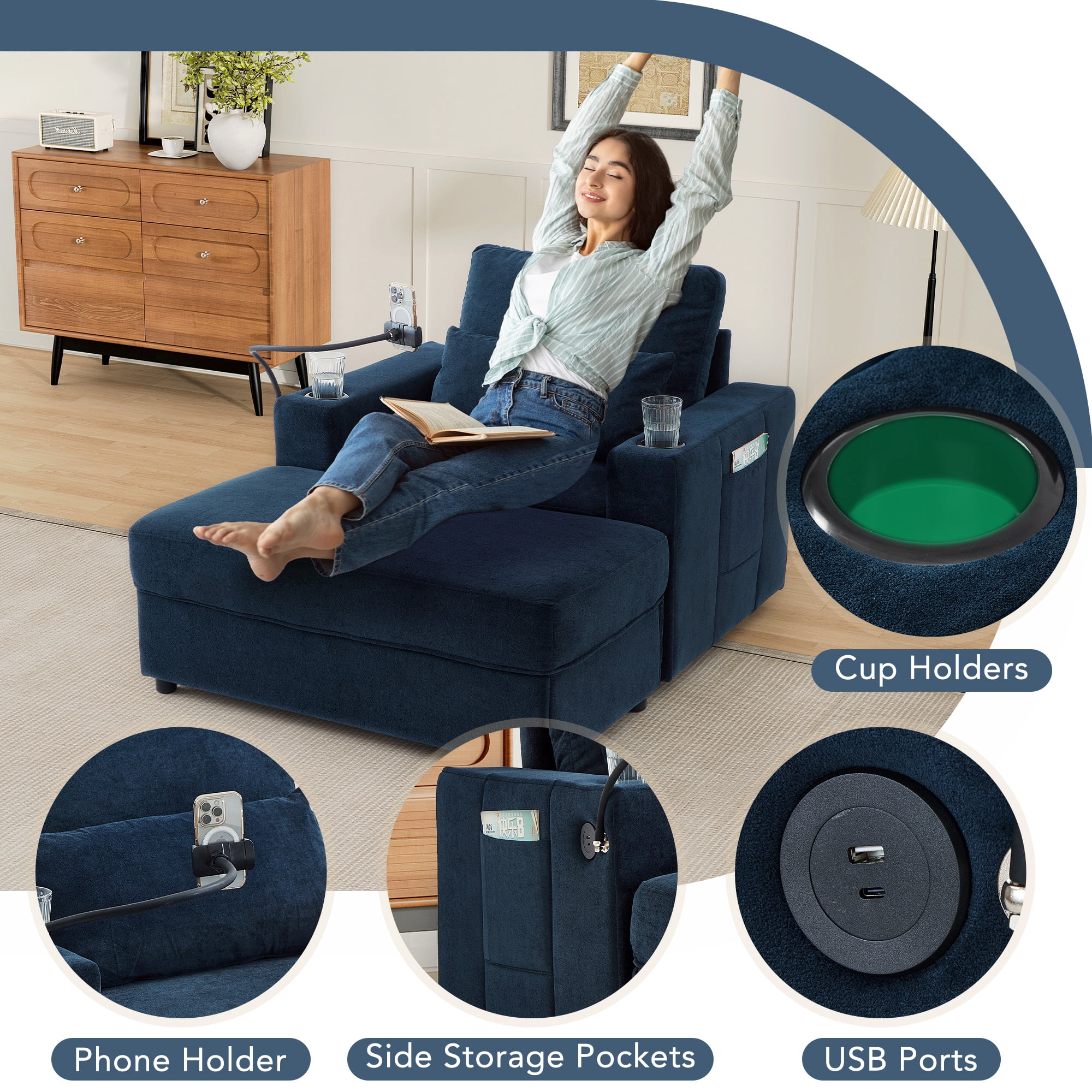 Aukfa 43" Chaise Lounge w/ 2 Cupholders and USB Ports, Storage Ottoman, Chenille, Blue