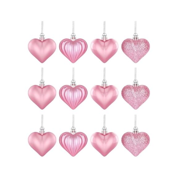 12 Pcs Valentines Hearted Rose Pink Ornaments, Shiny Heart Shaped Valentines Tree Hanging, Multi Finish Heart Baubles Balls for Valentine / Christmas Tree Decor, Wedding Anniversary Party Decoration