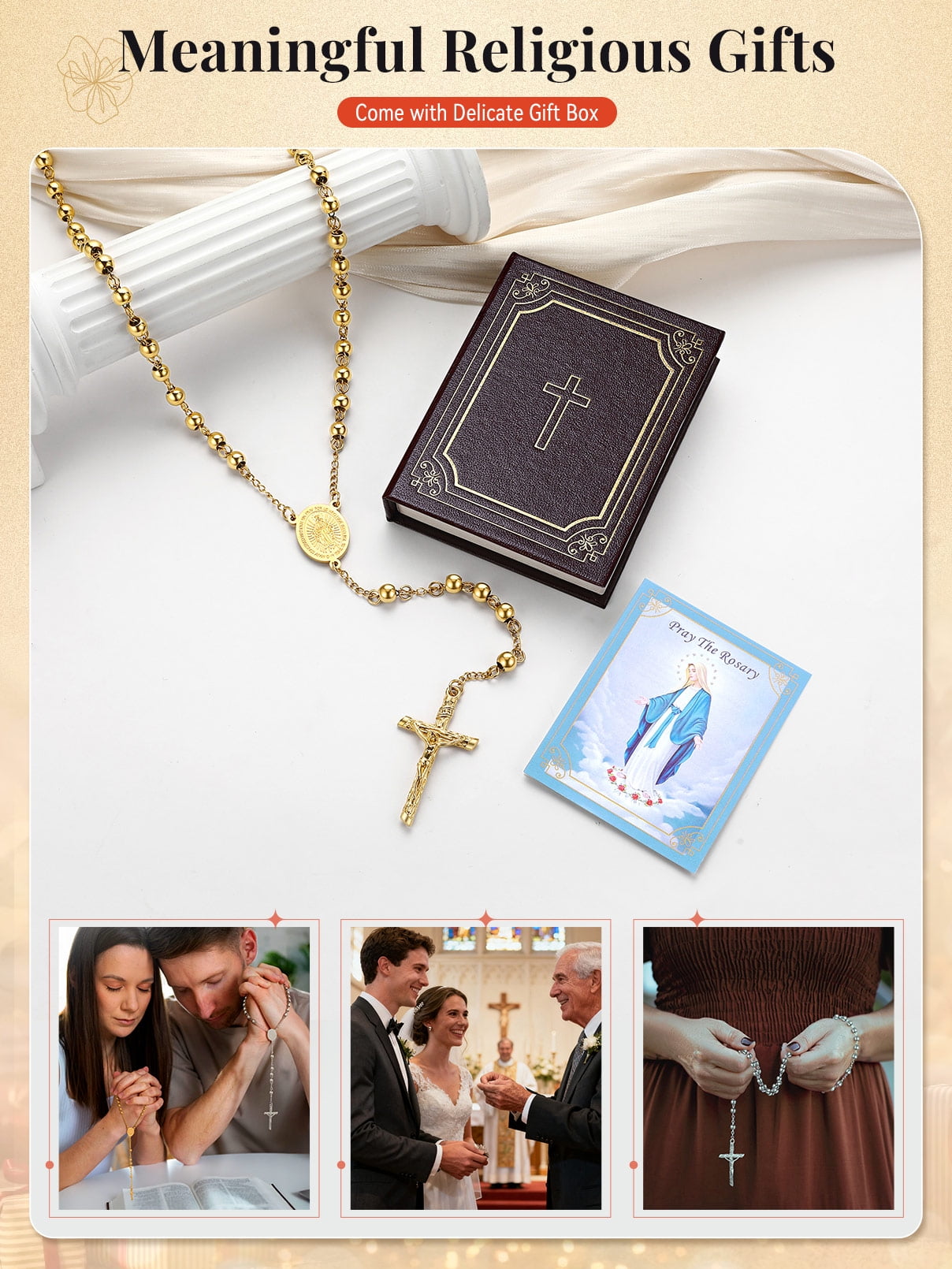 FaithHeart Virgin Mary Rosary Necklace for Women 14K Gold Plated Stainless Steel Bead Catholic Christian Church Jesus Crucifix Cross Necklace with Pray Card Mothers Day Jewelry Gift for Grandmother