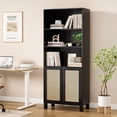 thumbnail image 2 of Tall Bookcase With Rattan Doors, Natural Wood Finish, 5 Tier Storage Solution For Library And Home Office Decor,Black, 2 of 7