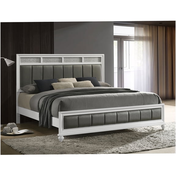 White Upholstered King Size Bed with Leatherette Panels and Turned Feet for Modern Bedroom