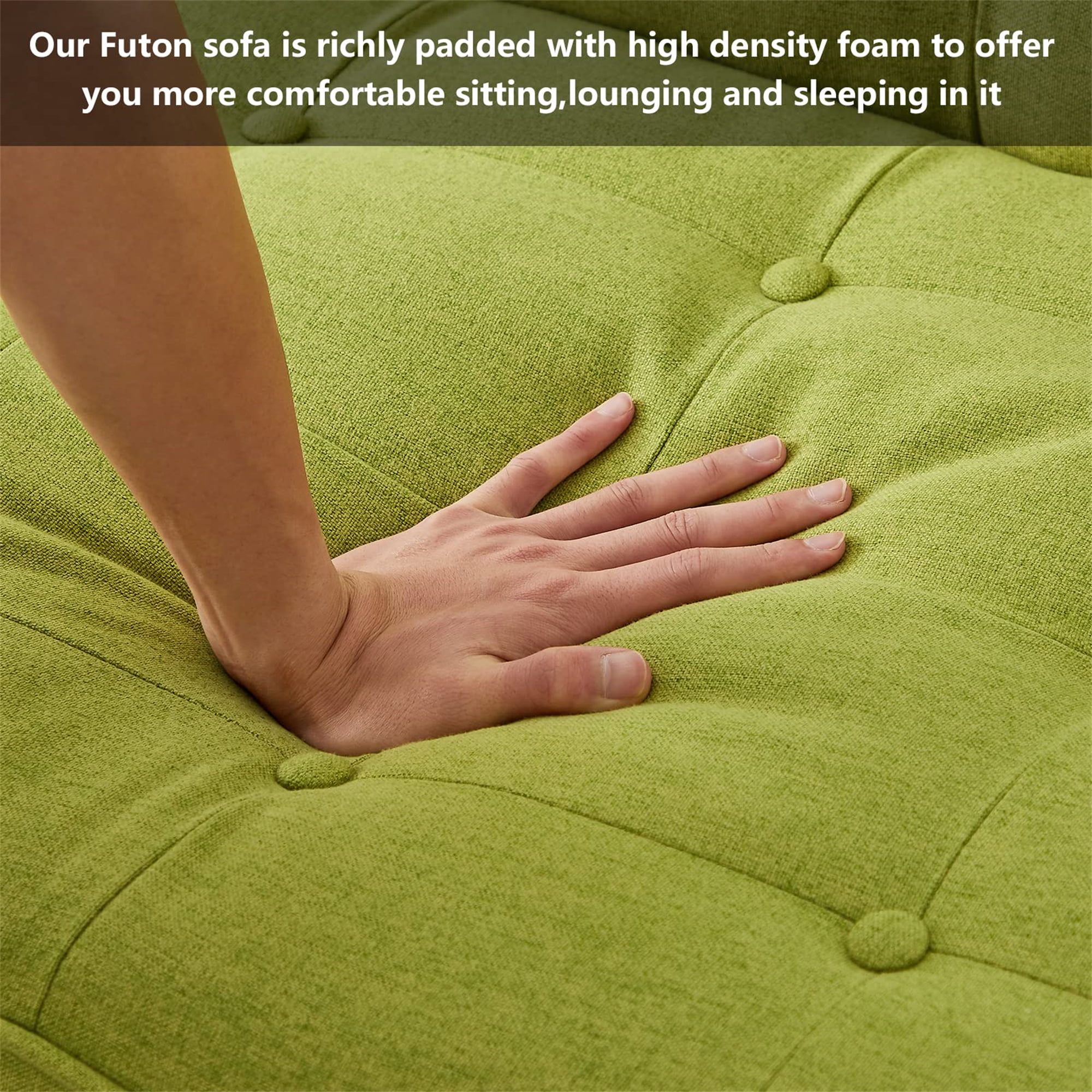 Aukfa 74" Square Arm Futon Convertible Sofa Bed for Home Office, Button-Tufted Back, Light Green