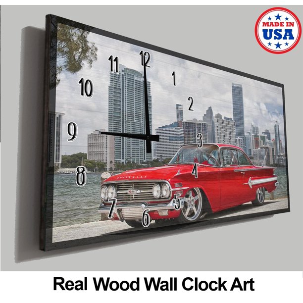 Vintage Car Wall Clock Low rider Classic Red Car City Background Wood