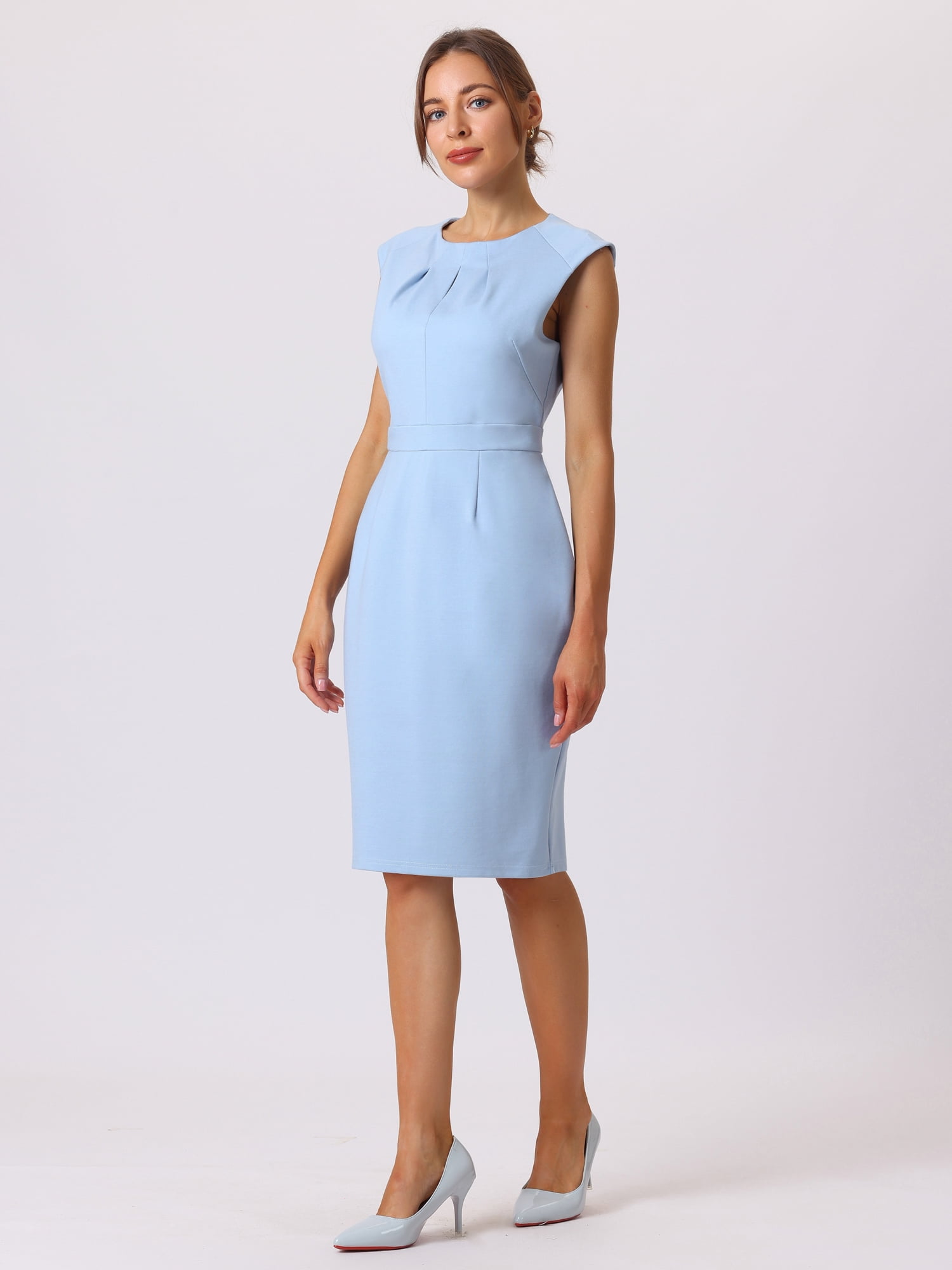 DARING DIVA Pleated Neck Pencil Sheath Dress L Light Blue