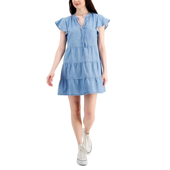 Style & Co Womens Cotton Chambray Tiered Dress Light Chambray S