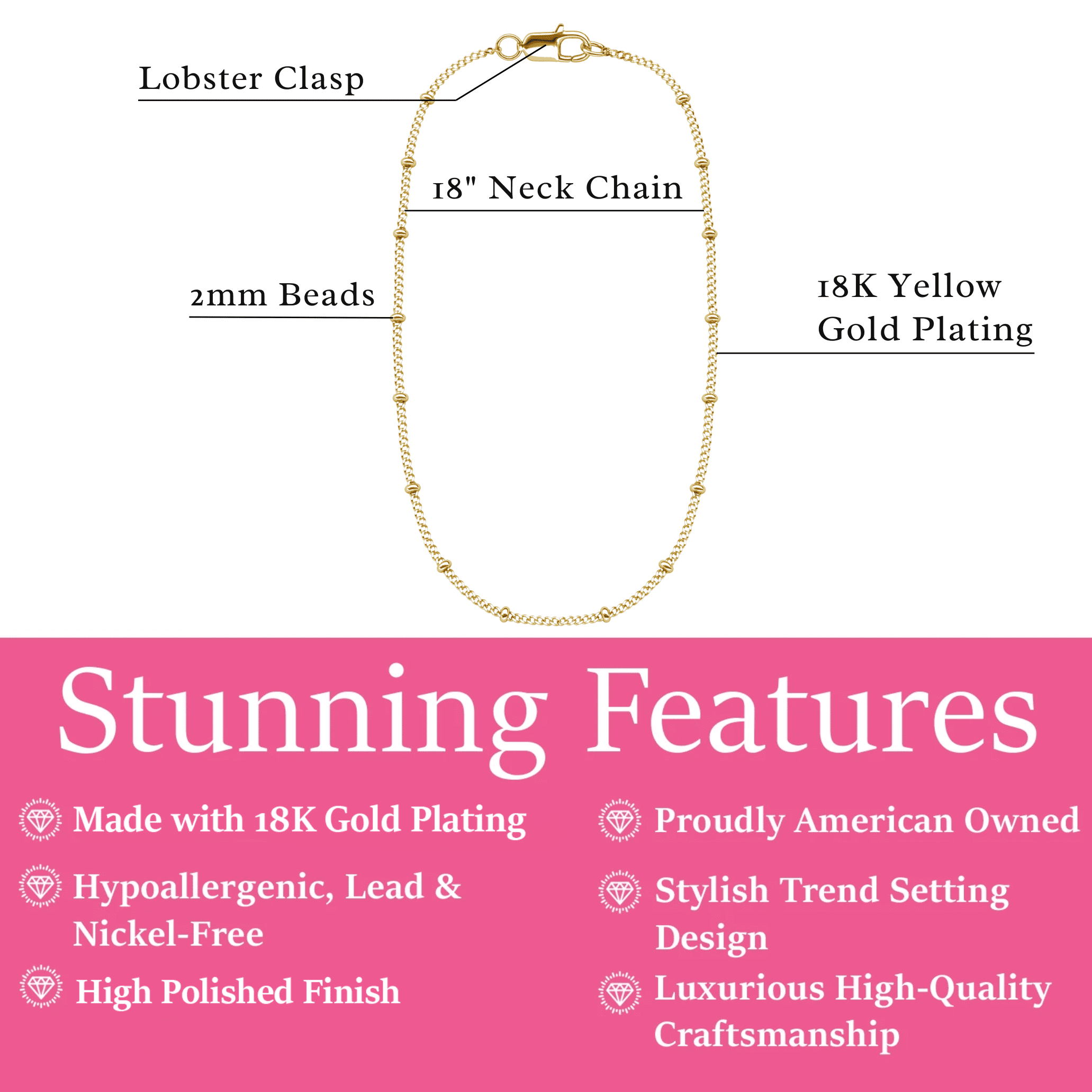 Cate & Chloe Pria 18k Yellow Gold Plated Bead Station Chain Necklace, Gift for Women