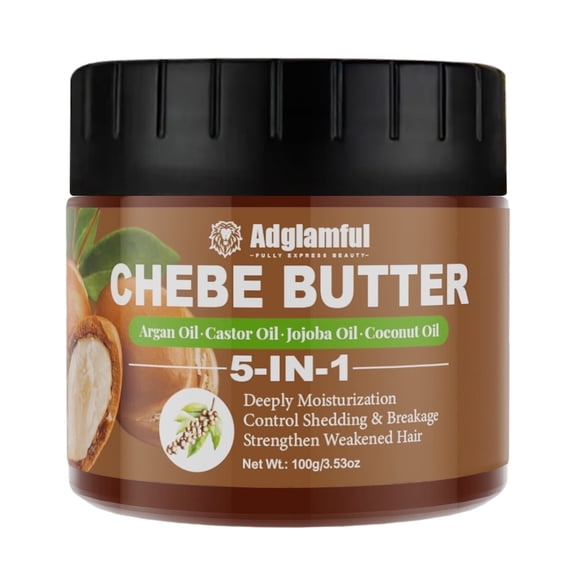 Adglamful Chebe Butter 5-in-1 Hair Moisturizer with Argan Oil, Castor Oil, Jojoba Oil & Coconut Oil – Deep Conditioning Cream for Dry, Brittle, and Weak Hair – 100g / 3.53oz