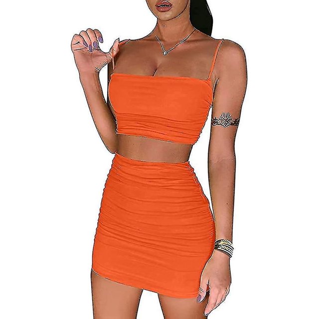 Womens 2 Piece Outfits Set Ruched Cami Crop Top Bodycon Skirt Mini Club Dress