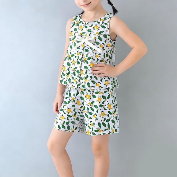 Avrnliq Girls Summer 2-Piece Outfit, Cotton Lemon Print Sleeveless Peplum Top & Elastic Waist Shorts, Green, Sizes 2-10 Years for Kids Little Big Girls,Size 5-6 T