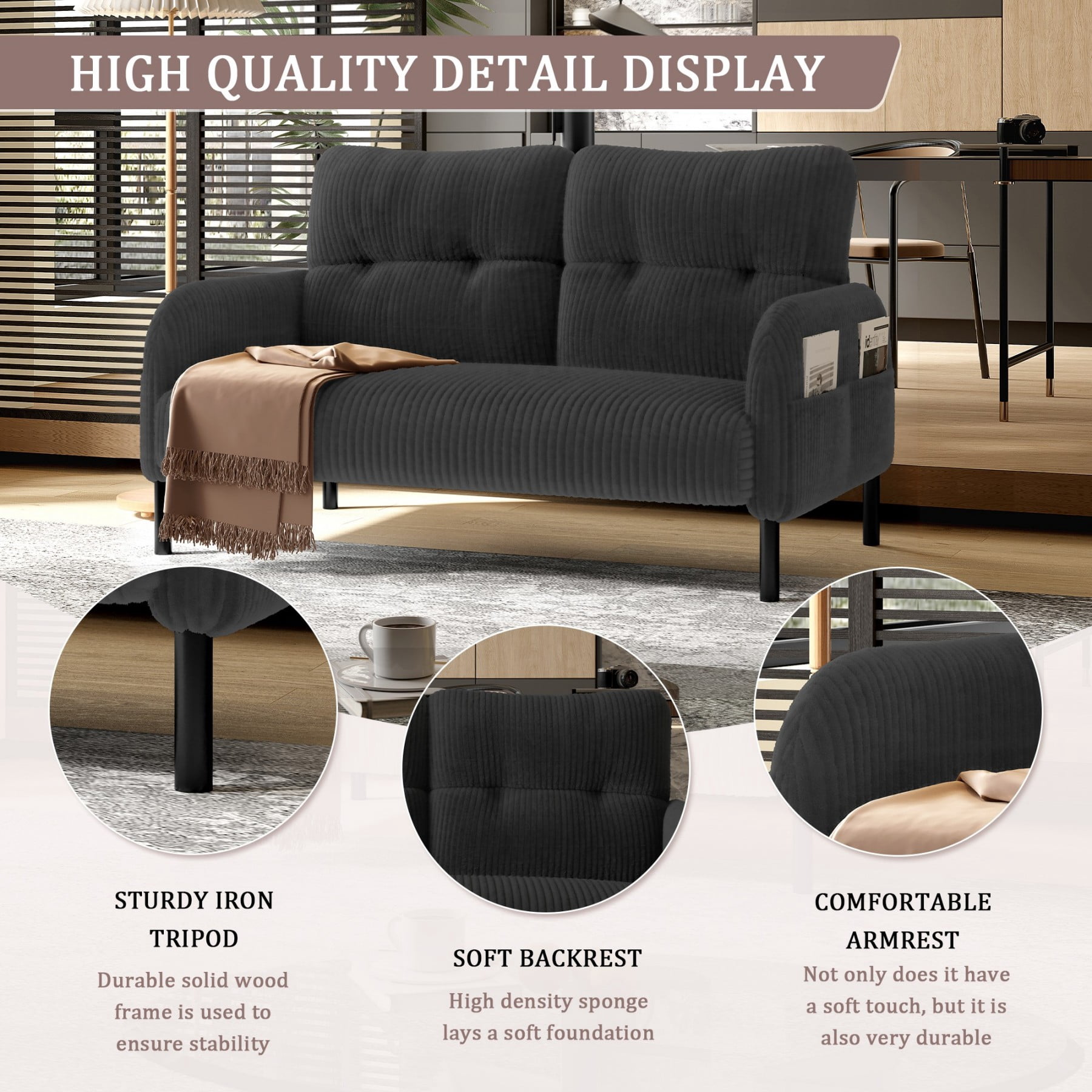 Corduroy Loveseat Sofa, Modern Upholstered Double Sofa Couch with Side Pockets for Living Room Bedroom Apartment, Gray