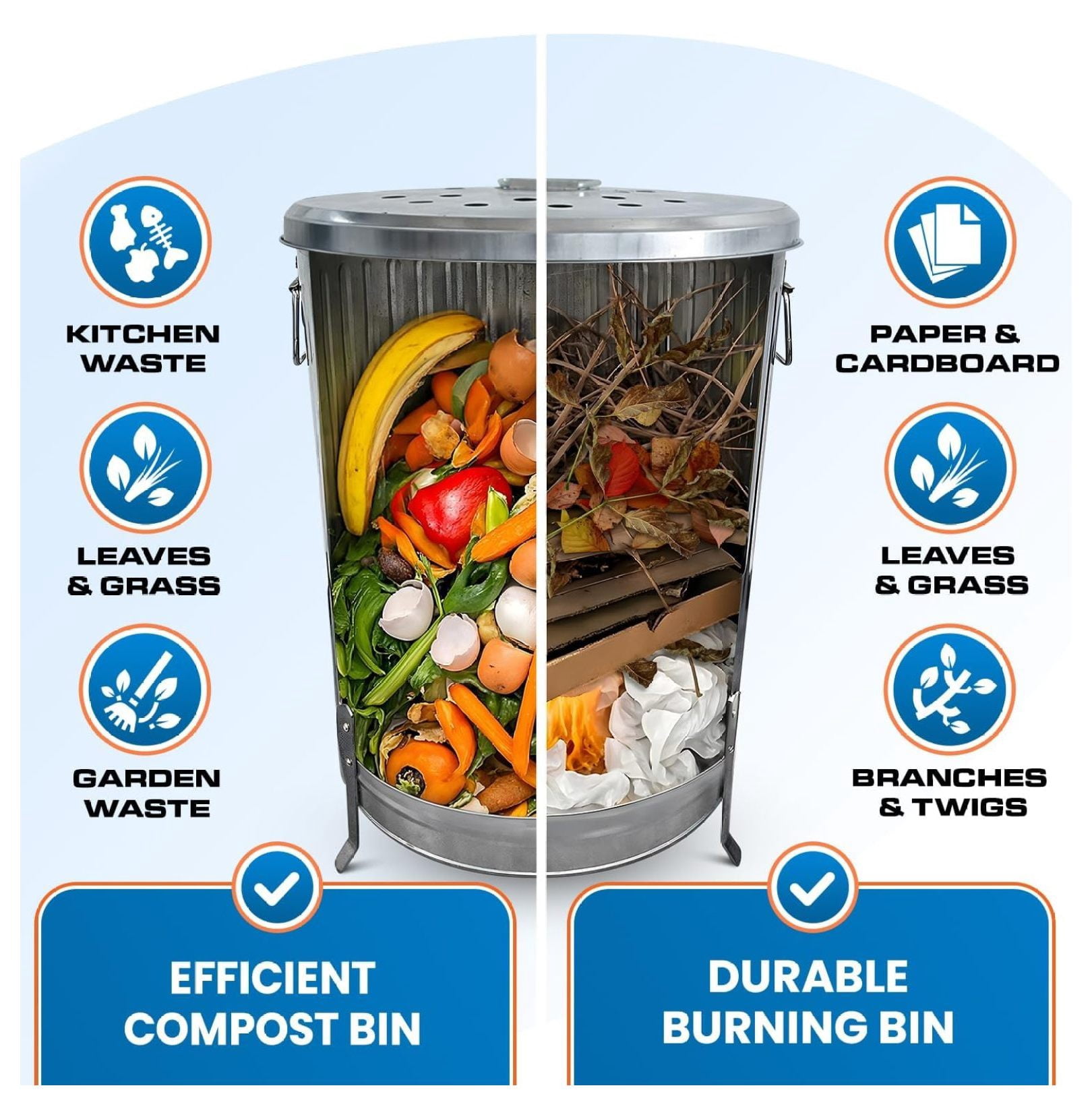 Incinerator Burn for Outside for Burning Trash Leaf - Metal Burn Can Cage Bin Container - Fire Can Paper Burner Outdoor, Lid and Ventilation Holes, Galvanized Steel, 20 Gallon