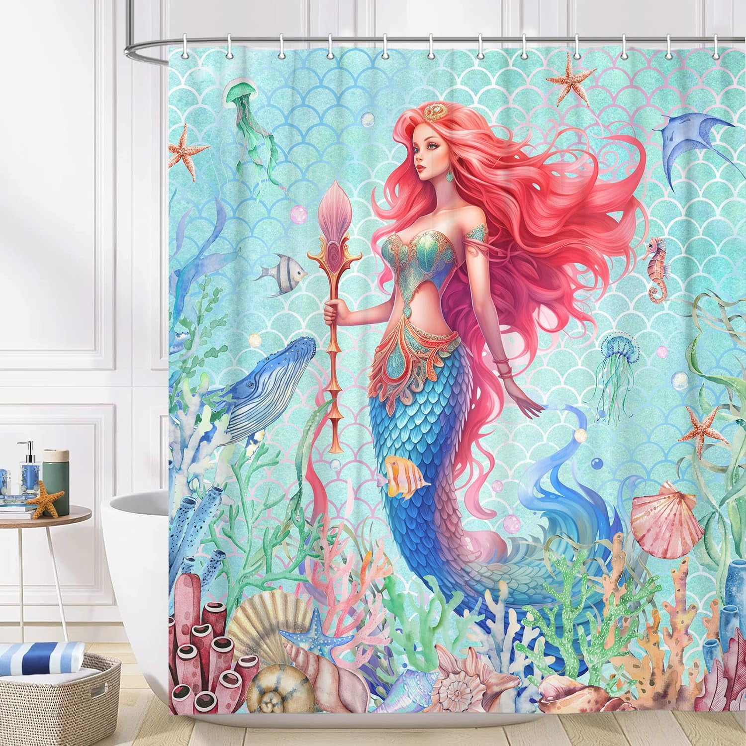 Ocean Coastal Mermaid Shower Curtain, Cute Sea Animals Octopus Jellyfish Seashell Beach Theme Shower Curtain Kids Girls Bathroom Set, Sea Underwater Nautical Shower Curtain with Hook, 70X70 Teal Blue