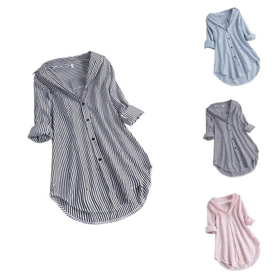 Striped Shirt Women 2026 Spring Fall Casual Long Sleeve Button Down Collared Curved Hem Business Casual Shirt