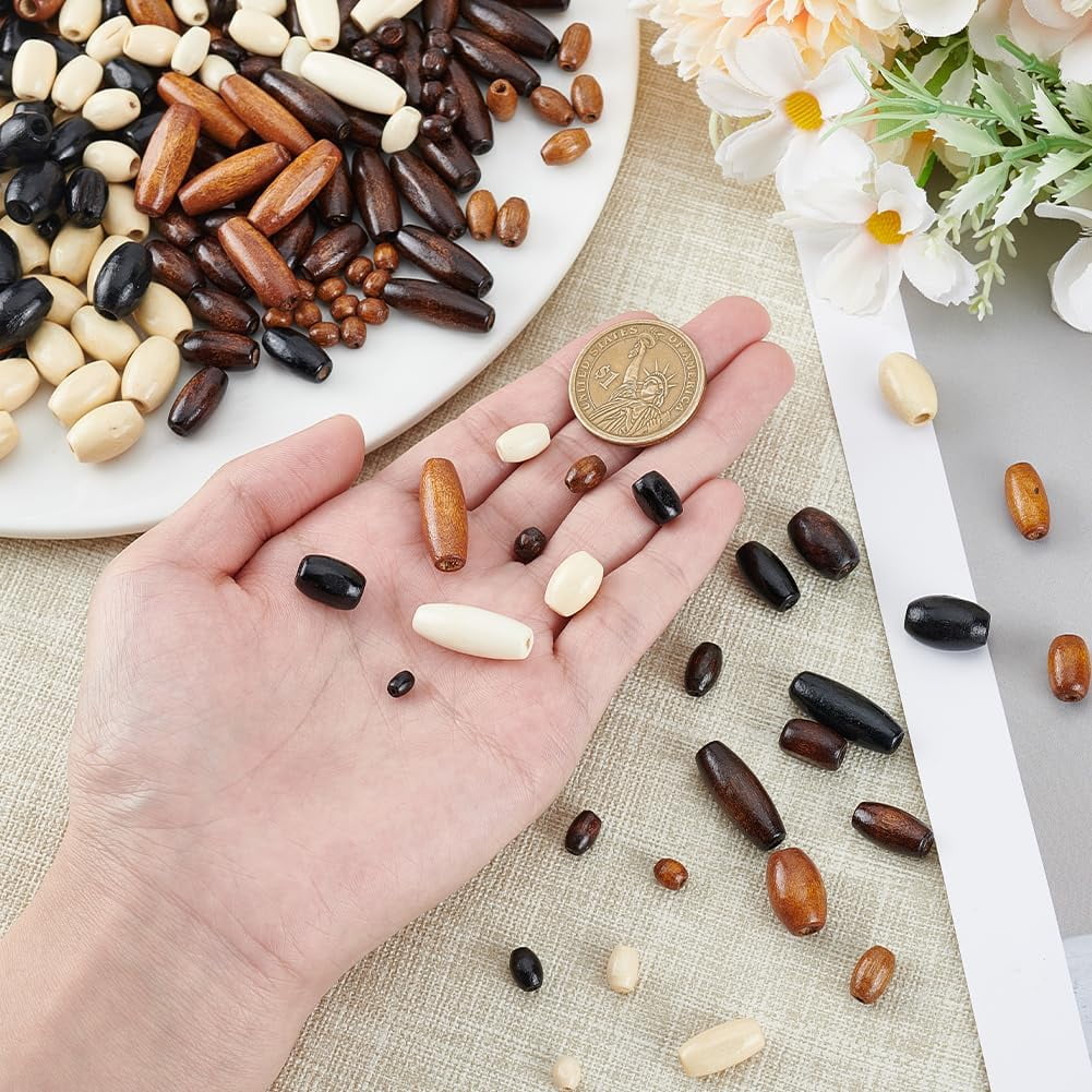 1400Pcs Natural Oval Wood Beads 7 Sizes 4 Colors Wooden Spacer Beads Tiny Oval Wooden Tube Beads Loose Beads