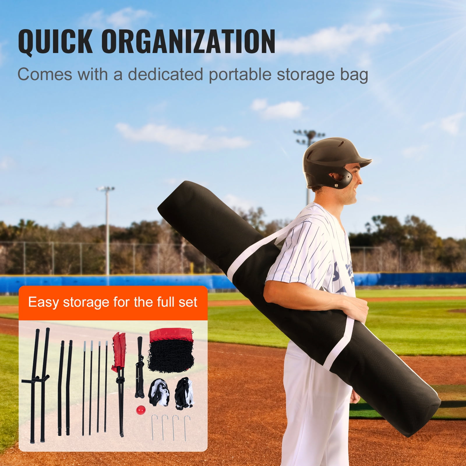 KFFKFF 7x7 ft Baseball & Softball Practice Net for Batting, Catching, and Pitching, Baseball Hit Net with Arc Frame, Transport Bag, Strike Zone, Sphere, Tee, and Ball Gatherer