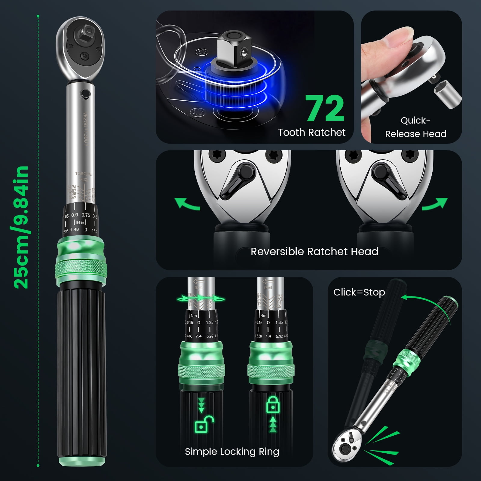 32-Piece 1/4" Torque Wrench Set 1.84–14.76 ft-lbs/2.5–20 N.m, with Extension Bar, Adapter, Bits & Portable Case for Bicycle, Motorcycle, Car Maintenance