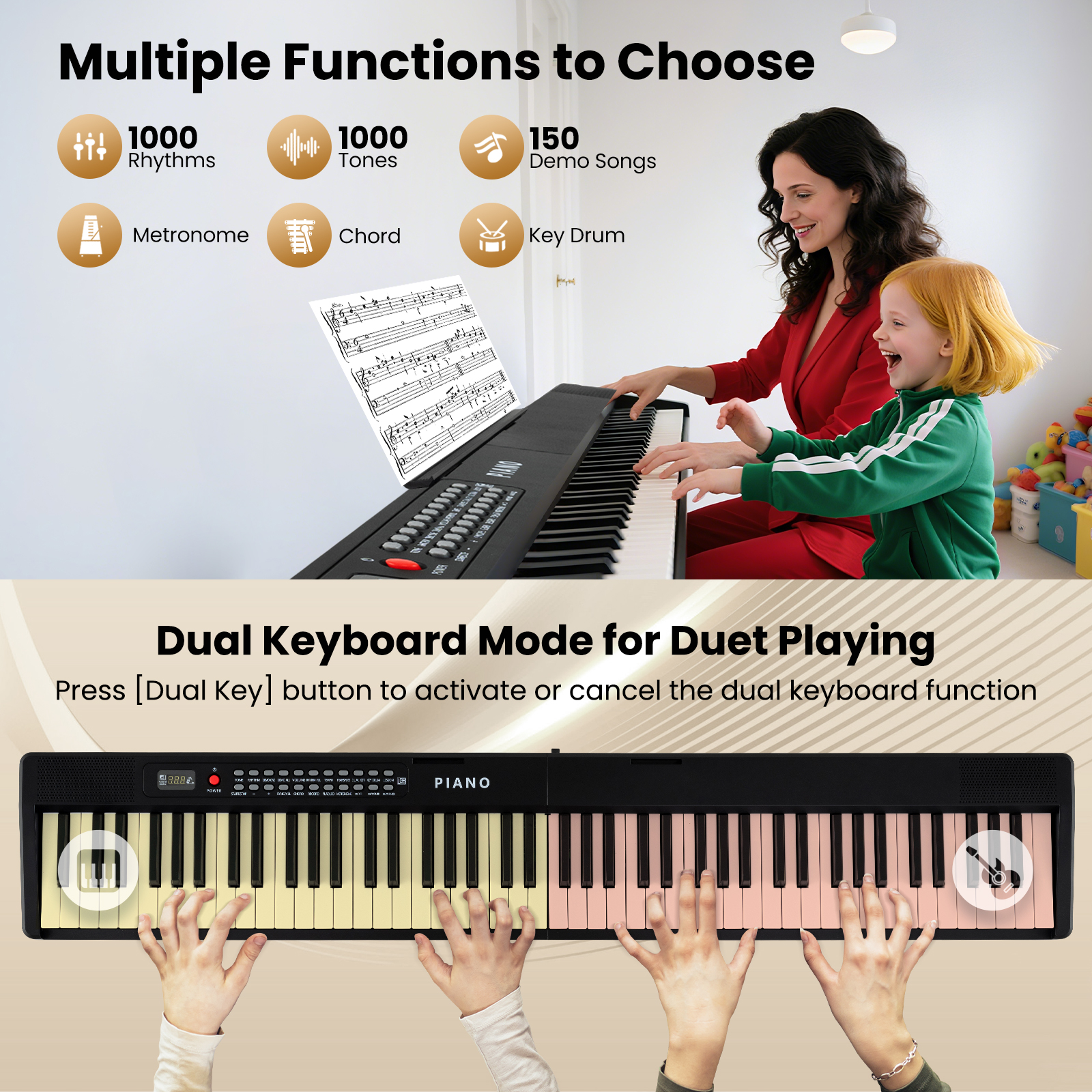Topbuy 88-Key Piano Keyboard Foldable Full Size Semi Weighted Electronic Keyboard with Split Function
